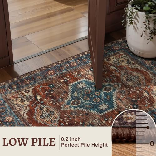 Tangsoo Oriental 2x3 Washable Rugs for Entryway Vintage Non Slip Small Area Rug, Indoor Front Door Rug, Print Door Mat Indoor Entrance Soft Low Pile Throw Rug for Entry Kitchen Bedroom Bathroom - color: Rust/Blue, size: 2' X 3' (Rectangular)