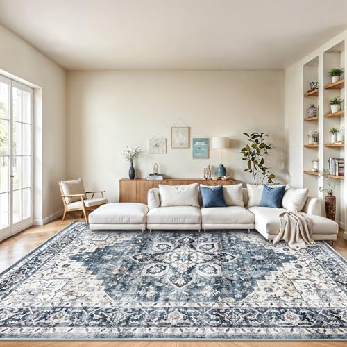 AMADA HOMEFURNISHING 8x10 Washable Area Rug, Low-Profile with Non-Slip Backing & Durable Edge Binding, Vintage Large Rugs for Living Room, Bedroom, Dining Room, Blue - color: Blue, size: 8' x 10' (Rectangular)