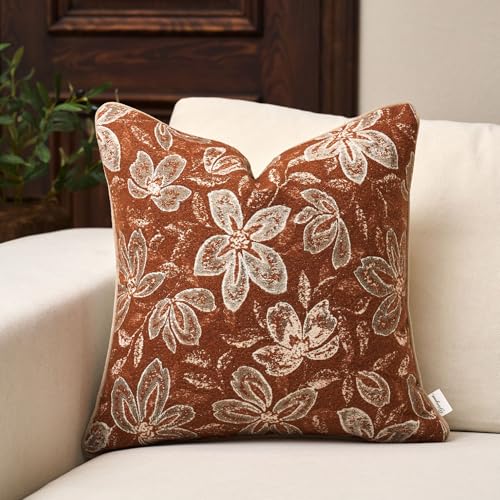 Yangest Flower Pillow Cover 20 x 20 Inches, Nature Chenille Square Throw Pillow Cover Soft Luxury Neutral Accent Couch Pillow Cover for Living Room Bedroom, Rust - color: Rust, size: 20" x 20" (Pack of 1)