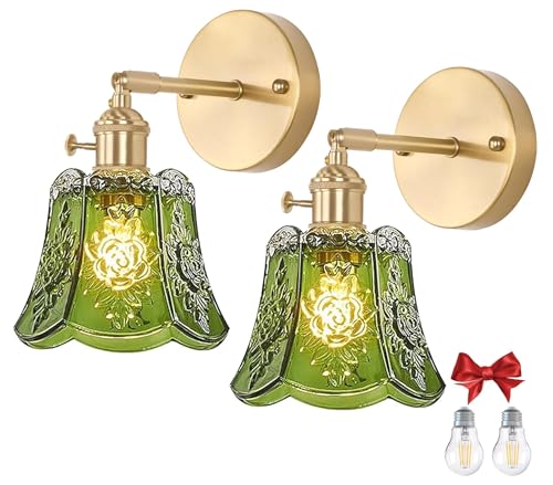 2 Pack Vintage Wall Sconces, Green Wind Chime Glass Shade Wall Lamp with 2 Natural Light Bulbs, Hardwired Design with Rotary Switch, Decorative Light for Bedroom Hallway Living Room - color: Green 2pcs Flower Wall Light
