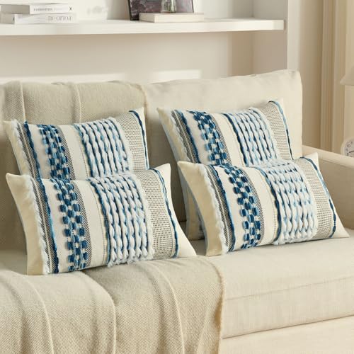 FUTEI Pack of 2 Boho Chenille Decorative Throw Pillow Covers 18x18 Inch Soft Plush Tufted Striped Textured Cushion Case,Farmhouse Accent for Couch Bed Living Room, Blue - color: Blue, size: 18" x 18" (Pack of 2)