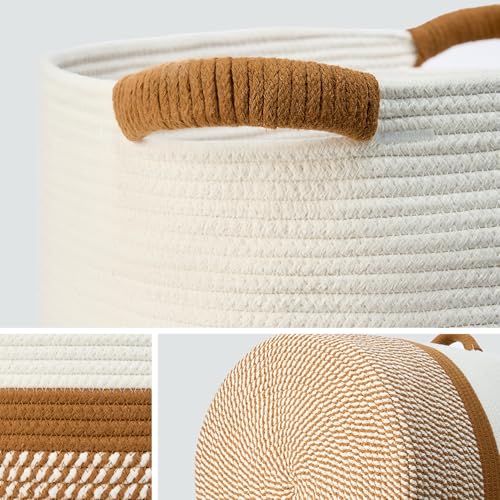 Blanket Basket (16" Dx14 H) - Round Woven Rope Storage for Living Room Throws, Pillows & Laundry- White/Jute Mixed - color: White/Jute Mixed, size: 16" X 16" X 14"