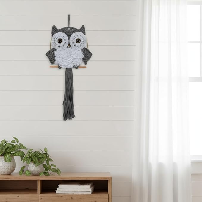 ACEDSGN Macrame Owl Wall Hanging Boho Dream Catcher, Handmade Tapestry Fiber Art Wall Decor for Nursery Bedroom Living Room, Sustainable Gift for Owl Lovers & Nature Fans - Gray