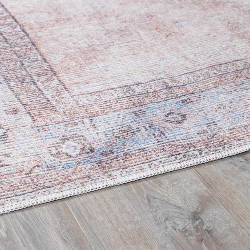 Hauteloom Stella Boho Vintage Area Rug - Farmhouse Traditional Medallion Carpet for Living Room, Bedroom - Machine Washable - Tan, Pink, Peach, Sage, Blue, Cream - 5'3" x 7'3" (5x7) - color: Aqua, Black, Blush / Moora, size: 5'3" x 7'3" (Rectangular)