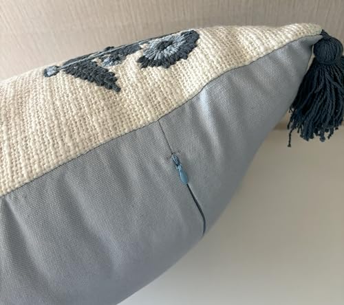 Blue Floral Hand Embroidered 20x20 Throw Pillow Cover - Ivory Cushion Cover for Sofa Couch Living Room - Crewel Grandmillennial Farmhouse Decor - Russell Motif - color: Ivory-russell Motif, size: 20" x 20" (Pack of 1)