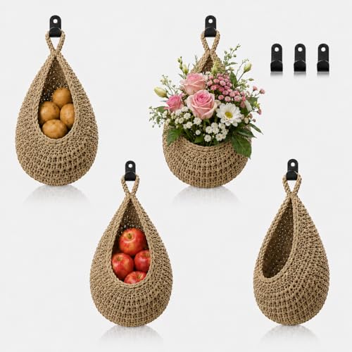 Boho Decor Hanging Fruit Baskets for Kitchen, 3 Pack Handwoven Teardrop Wall Hanging Baskets with Hooks, Storage for Fruits, Onions, Vegetables & Potatoes, 3 Sizes for Home, Linen - color: Large-Linen