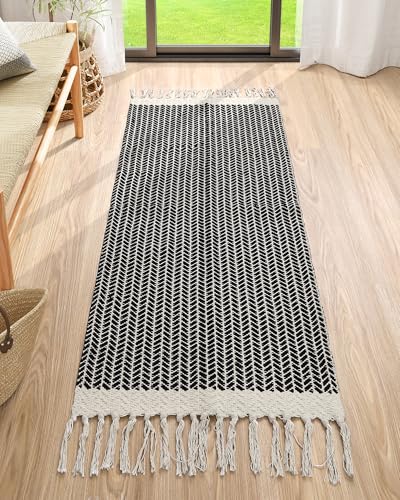 Lahome Belle Boho Rugs for Entryway, 2x5 Laundry Room Rug Lightweigh Cotton Washable Runner Rug with Tassels, Farmhouse Black Bath Door Mats Indoor Non Shedding Runners for Hallways Bedroom - color: Black, size: 2' x 5' (Runner)