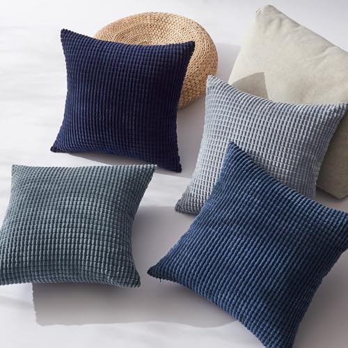 Topfinel 4 Packs Blue Decorative Throw Pillow Covers 22x22 Inch for Living Room Couch Bed Sofa, Boho Western Farmhouse Home Decor, Square Soft Moss Corduroy Fall Cushion Case 55x55 cm - color: Blue, size: 22" x 22" (Pack of 4)