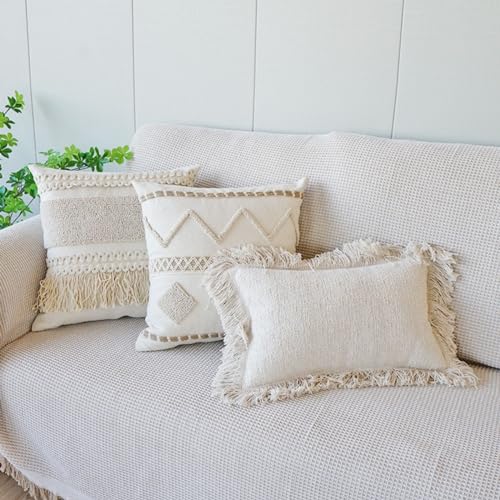 Solid Color Throw Pillow Cover with Fringe Tassels Super Soft Bed Pillow Shams Farmhouse Neutral Decorative Pillowcase for Sofa Couch Bed (PatternE,12"x20") - color: Pattern D, size: 12"x20",Throw Pillow Covers