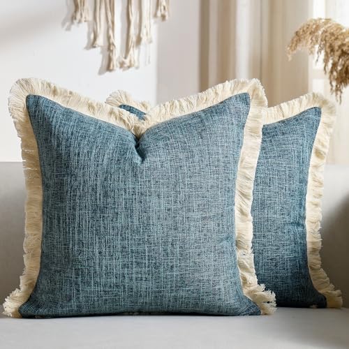 Faux Linen Decorative Pillow Coves 18x18 Set of 2 Blue Boho Farmhouse Throw Pillowcases with Tassels Fringed Rustic Woven Textured Burlap Cushion Covers for Couch Sofa Bed Living Home Decor - color: Blue, size: 18" x 18" (Pack of 2)