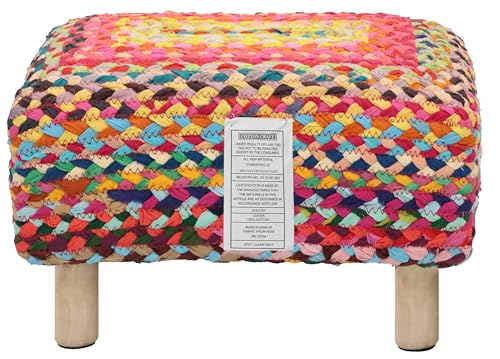 COTTON CRAFT Multi Chindi Footrest - Braided Cotton Rag Rug Foot Stool Ottoman with Sturdy Wood Legs – Handmade Boho Leg Rest - Small Spaces Under Desk Living Room Entryway Low Footstool - 16.5x12x9.5 - color: Cotton - Multi
