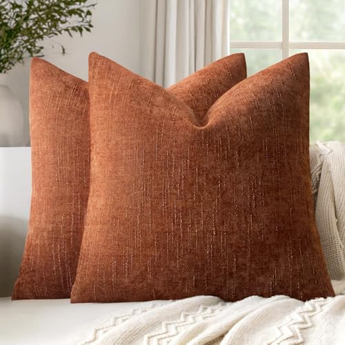 18x18 Inch Set of 2 Textured Throw Pillow Covers Decorative Soft Accent Square Chenille Pillowcases Neutral Farmhouse Cushions Modern Home Decor for Couch Sofa Bedroom Living Room,Burnt Orange - color: Burnt Orange, size: 18" x 18" (Pack of 2)