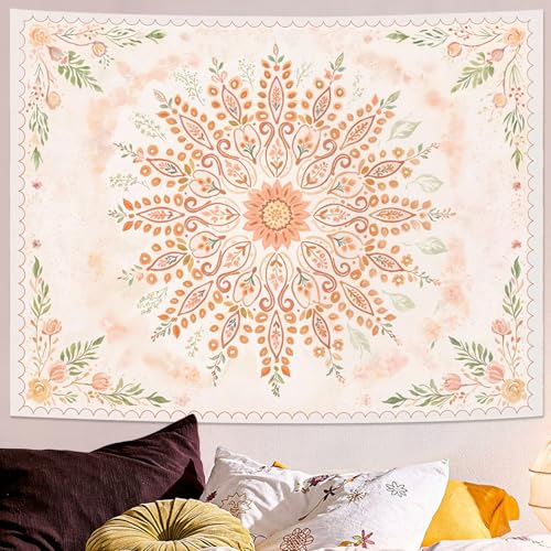 Lunerfex Floral Mandala Tapestry Boho Tapestry for Bedroom Peach Tapestries Wall Hanging Living Room Wall Art and Home Decor 44x60 - color: Orange Yellow, size: 60"L x 44"W