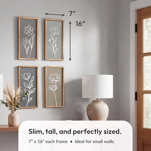 3D Wooden Floral Bathroom Wall Decor (Set of 4) Lightweight, Ready-to-Hang Framed Wall Art For Living Room, Bedroom, or Office - Premium Boho Botanical Farmhouse Decorations - Gift-Boxed - color: Naturals, size: 7" x 16"