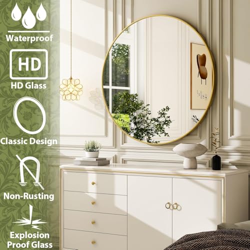 48 Inch Round Bathroom Mirror - Black Wall Mounted Circle Mirror with Metal Frame, Modern Round Hanging Mirror Suitable for Bathroom, Vanity, Entryway, Living Room - color: Gold, size: 20"L x 20"W