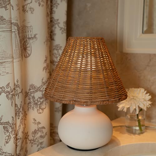 11" Small Table Lamp – Handmade Ceramic Cream Base with Wicker Rattan Shade, Dimmable Plug-in Nightstand Light for Bedroom, Kitchen Counter, or Small Spaces – Boho Japandi Organic Decor - color: Natural Woven Rattan Shade