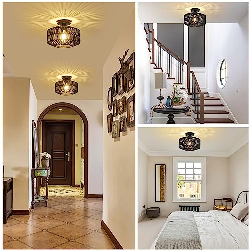 Rattan Light Fixtures Ceiling Mount,Boho Ceiling Light Fixture with Dimmable LED Bulb，Mini Hand Woven Rattan Chandelier Light Fixtures Ceiling for Bedroom Kitchen Entryway Living Room Hallway（Black） - color: Black