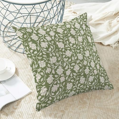 Sage Green Floral Throw Pillow Covers 18x18 Set of 2, Neutral Vintage Decorative Pillow Cover Flower Print Linen Outdoor Cushion Cover Floral Pillowcase for Sofa Couch Farmhouse Room - color: Floral Green, size: 18" x 18" (Pack of 2)