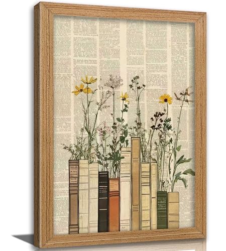 Framed Book Wildflower Wall Art, Vintage Dictionary Floral Canvas Print Poster, Boho Library Wall Decor for Living Room Bedroom, Rustic Home Decoration, - color: Newspaper flowers, size: 24"L x 16"W