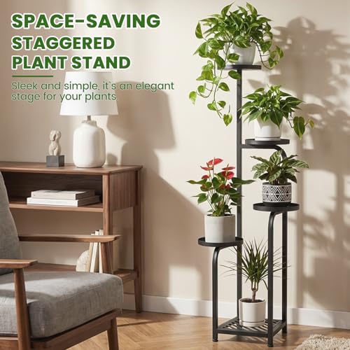 TOSKING 5 Tier Tall Plant Stand Indoor Outdoor,Anti-Tip Plant Stand indoor, Wide Base for Pots, Child and Pet Friendly,Heavy Duty Corner Shelf for Plants & Decor, Space Saving ,Tiered Metal Flower Pot Stand for Balcony, Garden, Living Room, Patio (Black,