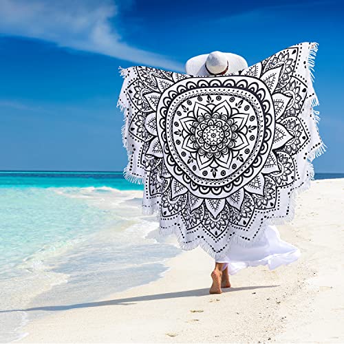 Large Microfiber Boho Mandala Beach Towel Round Bohemian Beach Blanket Hippie Indian Throw Blanket Beach Tapestry Sand Free Quick Dry Picnic Meditation Mat Wall Decor Circle Tablecloth,59'',Black - color: Black Mandala