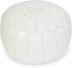 Stuffed Round Design Moroccan Leather Pouf Ottoman, Handmade, Pre-Filled, 100% Genuine Leather, 13” Height x 20” Diameter, Footstool & Living Room Décor (White)