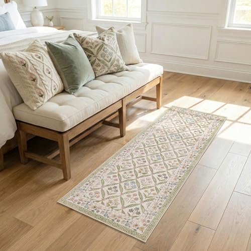 jinchan Haden Runner Rug 2x5 Vintage Floral Washable Hallway Rug for Entrance Kitchen Soft Non-Slip Low Pile Bedside Laundry Room Cottage Calm Indoor Decor Sage Green - color: Sage Green, size: 2' x 5' (Runner)