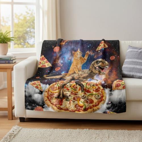 Neasow Funny Ginger Cat Dinosaur Pizza Throw Blanket, Galaxy Space Food Flannel Meme Fun Blanket, Super Soft for Couch Dorm Sofa Room, Gag Gift for Kids Boys Teens, 50×60 inch - color: Cat Dinosaur Pizza, size: 60"L x 50"W