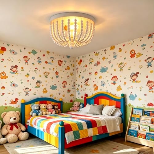 Q&S White Flush Mount Ceiling Light Fixtures,2-Lights Wood Beaded Boho Chandeliers for Nursery Baby Kid's Room Bedroom Dining Room Living Room Kitchen Hallway W11.81 - color: Ceiling-2WH