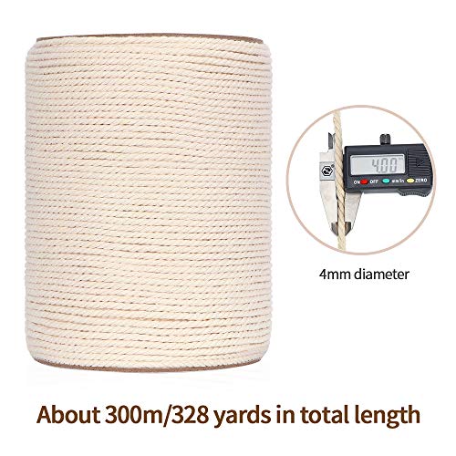 Macrame Cord 4mm x 328Yards(984Feet),Natural Cotton Macrame Rope - 3 Strands Twisted Macrame Cotton Cord for Wall Hanging, Plant Hangers, Crafts, Gift Wrapping and Wedding Decorations - color: Natural Color, size: 0.16 in x 328 yd