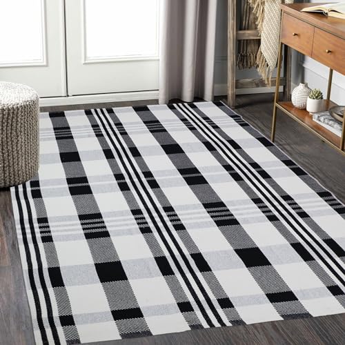 Fall Décor Plaid Rug, 4' x 6' Black&White Check Indoor/Outdoor Area Rug, Layering Rug for Hello/Welcome Door Mat, Machine Washable Cotton Woven Rugs for Farmhouse Front Porch, Entryway - color: Black & White Plaid X, size: 4' x 6' (Rectangular)