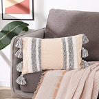 Boho Tufted Lumbar Throw Pillow Covers - Farmhouse Neutral Decorative Cushion Cover with Tassels - Rectangular Woven Pillow Covers for Couch Living Room Sofa (12X20 inch, Vertical Stripe)