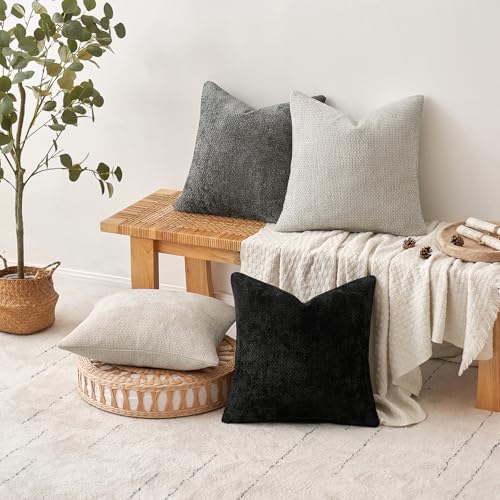 MIULEE Pack of 4 Halloween Couch Throw Pillow Covers 16x16 Inch Neutral Cream/Grey Soft Decorative Chenille Pillow Covers Farmhouse Accent Cushion Covers for Boho Home Decor Sofa Bedroom Living Room - color: Neutral Cream/Grey, size: 16" x 16" (Pack of 4)