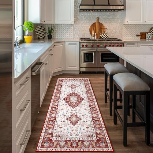 Amearea Vintage Design Runner Rugs for Living Room, 2x6 Machine Washable Floral Collection Traditional Bedroom Rug, Low Pile Cute Kids Room Print Carpet, No Slip Office Kitchen Home Decor, Red - color: Red, size: 2' X 6' (Runner)