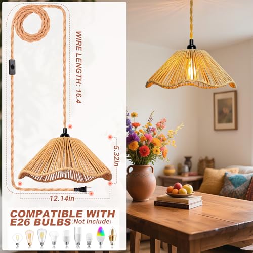 Hanging Lights with Plug in Cord Rattan Hanging Lamp Boho Ceiling Light Fixtures Farmhouse Pendant Lamp Shape for Living Room Bedroom Kitchen - size: 12.4 Inch-Umbrella Shade