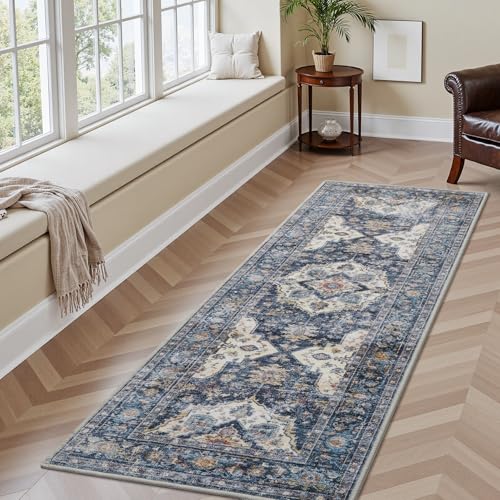 AMOAMI-2X6 Runner Rug-Washable Runners for Hallways-Soft Non Slip Bedside Rugs for Bedroom-Vintage Long Rug for Hallways Entryway Laundry Room Stair Kitchen Bathroom Blue - color: Blue, size: 2' x 6' (Rectangular)