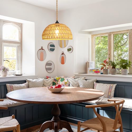 Boho Pendant Light Plug in: Rattan Hanging Lamp with 14.7ft Plug in Cord, Adjustable Height Hand Woven Hanging Light Fixture for Living Room, Bedroom, Dining Room, Kitchen, E26 No Bulb