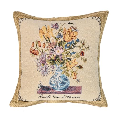 Jacquard Woven Floral Pillow Cover | Square Vintage Still Life Tapestry Cushion Case for Sofa Couch Bed Decor | European Artistic Home Accent Throw Pillow Sham 18x18(Multicolor Flowers in Blue Vase) - color: Multicolor Flowers in Blue Vase