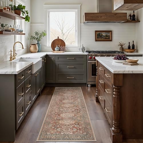 Bavni Washable Runner Rug 2x6, Non Slip Hallway Rug, Vintage Aesthetic Thin Low Pile Washable Carpet for Kitchen Bedroom Entryway, Brick - color: Brick, size: 2' x 6' (Rectangular)