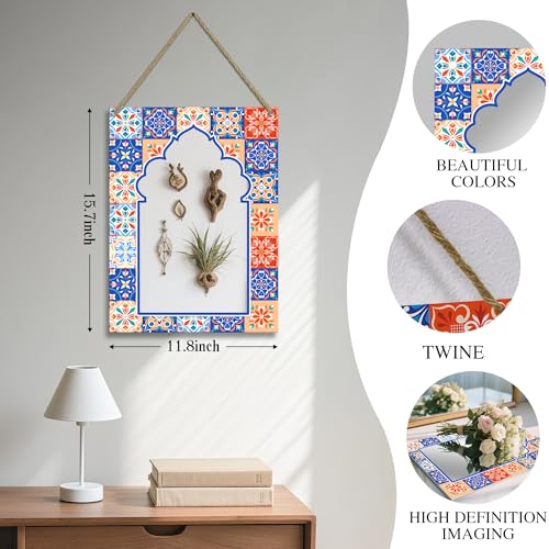 Rectangle Mirror for Wall, 12"x16" Decorative Wall Mirror, Flower Blue Mosaic Mirrors, Wall Mirrors Decor with Hanging Rope for Living Room, Entryway, Bedroom, Dining, Kitchen - color: Flower Blue
