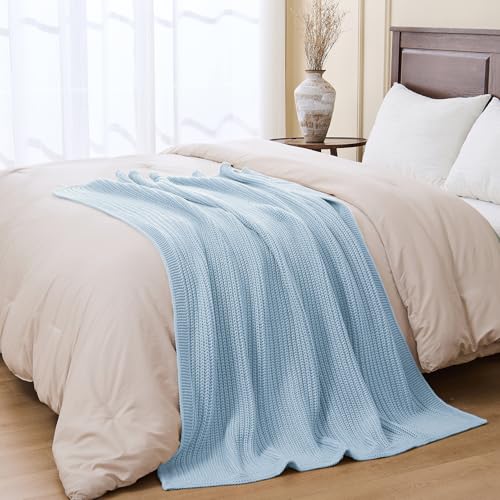 Chunky Knit Blue Throw Blanket for Couch Soft Cozy Large Thick Knitted Throw Blankets for Sofa Bed Cute Decorative Throw Blanket for Living Room,60"x 80",Light Blue - color: Light Blue, size: 60"x 80"