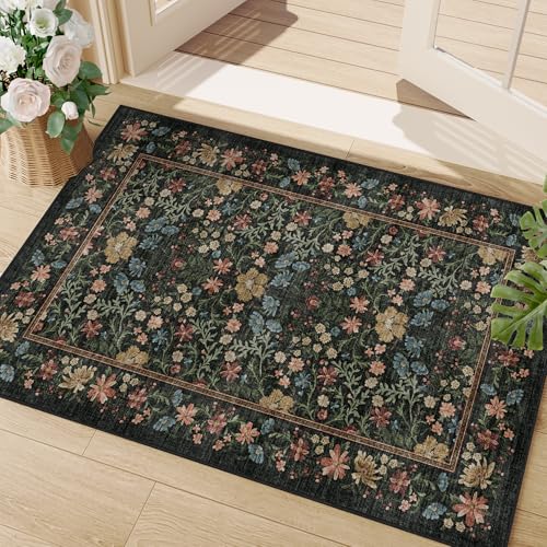 DUKINO 2x3 Entryway Rug, Floral Washable Area Rug with Non Slip Indoor Door Mat, Vintage Low Pile Small Front Door Throw Carpet for Kitchen, Entrance, Bathroom, Bedroom, Black - color: Black, size: 2' x 3' (Rectangular)