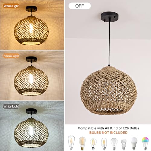 Farmhouse Rattan Pendant Lights 13.8" Wicker Hand-Woven Wicker Chandelier 1-Light Coastal Seagrass Hanging Light Fixture for Kitchen Island Bedroom Dining Room Hallway Entry Bar Restaurant - color: Coffee-A