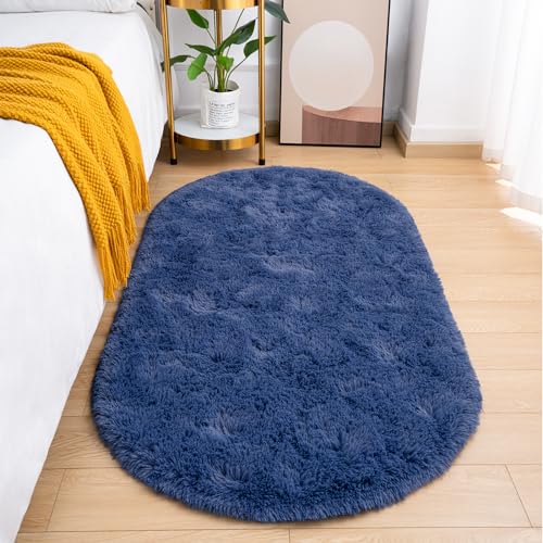 Goideal Fluffy Bedroom Rug, Small Oval Area Rugs, Light Navy Shag Bedside Carpet for Kids Room Nursery Dorm Cute Fuzzy Indoor Decor for Boy and Girl, 2.6 x 5.3 Feet - color: Light Navy