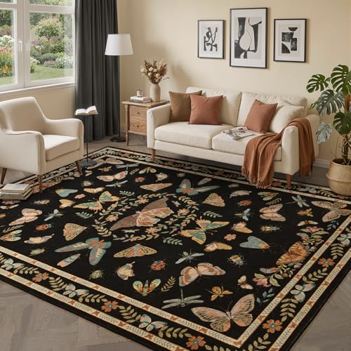 Unirea 4x6 Washable Living Room Bedroom Area Rug, Black Boho Non Slip Soft Stain Resistant Insect Bug Rug for Home Office, Kitchen, Nursery, Dining Room Laundry Room, Low Pile Thin Carpet - color: Black, size: 4'x6'