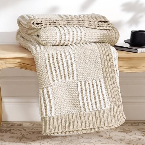 Amélie Home Knit Throw Blanket, Soft Chenille Cozy Breathable Dual Tone Checkered Chunky Decorative Blanket for Couch, Bed & Sofa, French Lightweight Warm Gift for Women, Beige, 60"x80" - color: Checkered Beige&ivory, size: Dual Tone Checkered Knit 60"x80