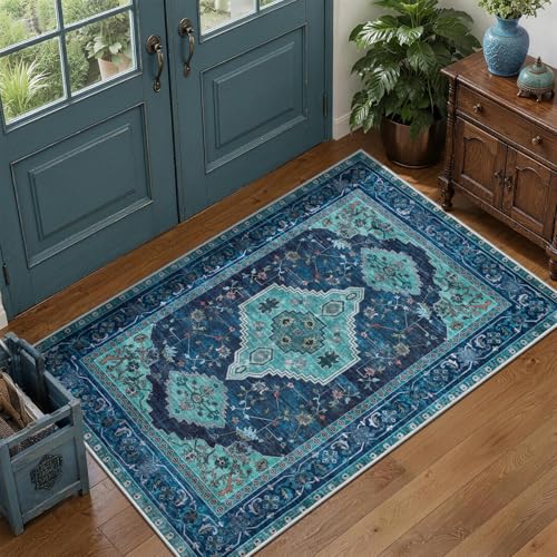 Tangsoo Oriental Small 2X3 Washable Rugs, Teal Vintage Non Slip Rug Carpet, Indoor Front Door Rug for Entryway, Door Mat Indoor Entrance Soft Low Pile Throw Rugs for Entry Kitchen Bedroom - color: Teal, size: 2' X 3' (Rectangular)