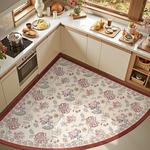 jinchan Elora Floral Corner Rug for Kitchen Washable Nursery Rug Vintage Romance Design Non Slip Quarter Circle Lightweight Low-Pile Throw Carpet for Playroom Reading Nook Office 5ft Radius, Red/Beige - color: Bloom Red/Beige, size: 5' x 5' (Corner Light