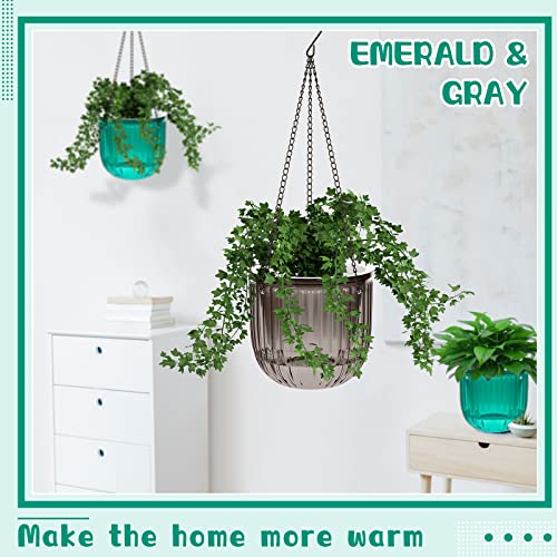 Meanplan 4 Pcs Self Watering Hanging Planter Indoor 6.5 Inch Hanging Baskets for Plants Outdoor Plastic Flower Pot with 3 Hooks Chains Drainage Holes for Garden Home, Medium Size(Emerald, Gray) - color: Emerald, Gray