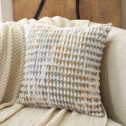 Aeckself Boho Chenille Tufted Pillow Cover 20 x 20 Inch, Decorative Square Throw Pillow Cover Neutral Pillowcase for Couch Bedroom Living Room, Yellow White - color: Yellow White, size: 20" x 20" (Pack of 1)